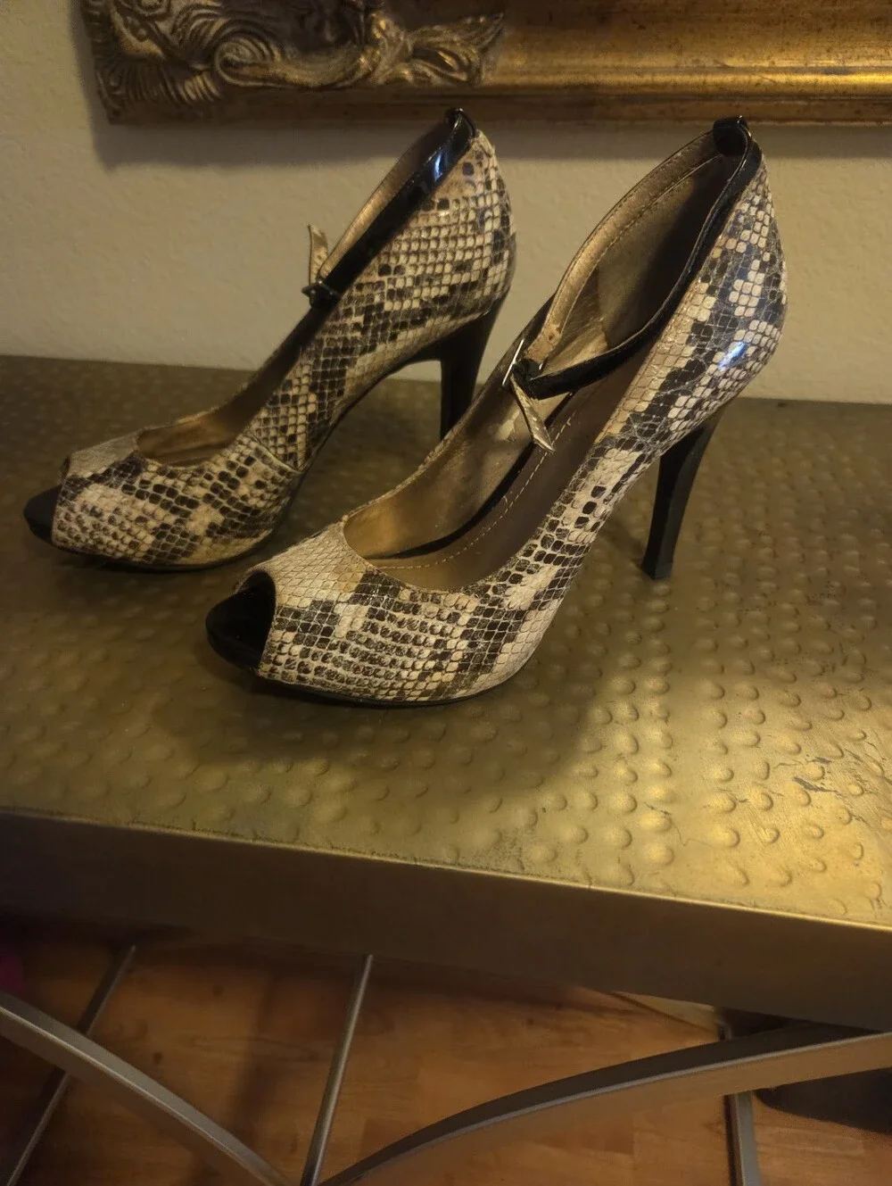 Snake-Print Peep-Toe Ankle-Strap Heels in Beige/Black.  Removable Strap.